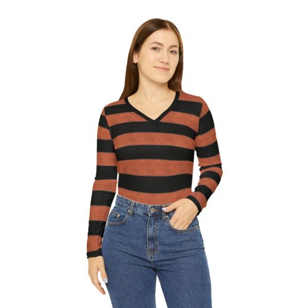 Carnelian Elegant Horizontal Stripe Long Sleeve V-Neck Shirt | The Classique Collection - Image 3